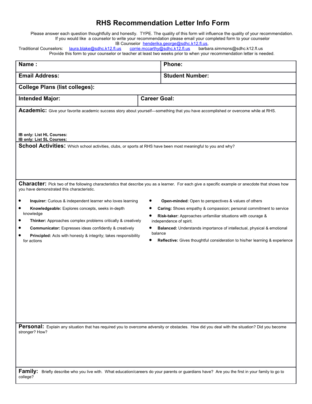 RHS Recommendation Letter Info Form