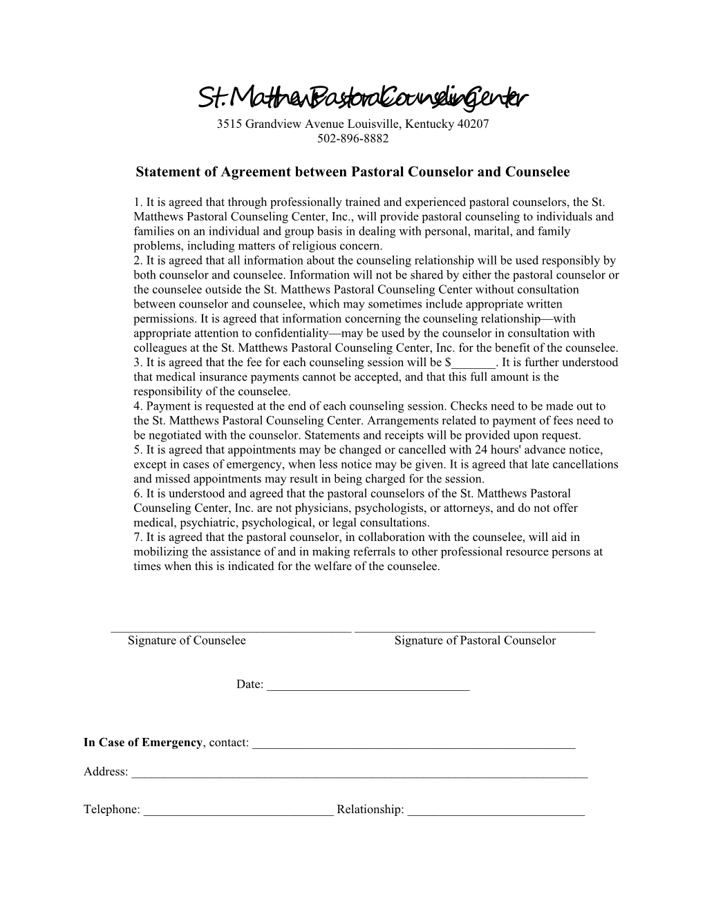 Statement of Agreement Between Pastoral Counselor and Counselee