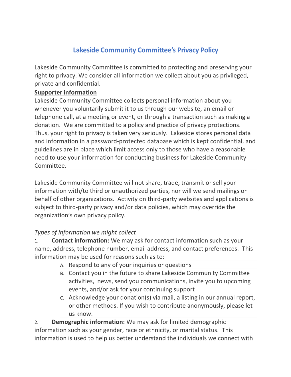 Lakeside Community Committee S Privacy Policy