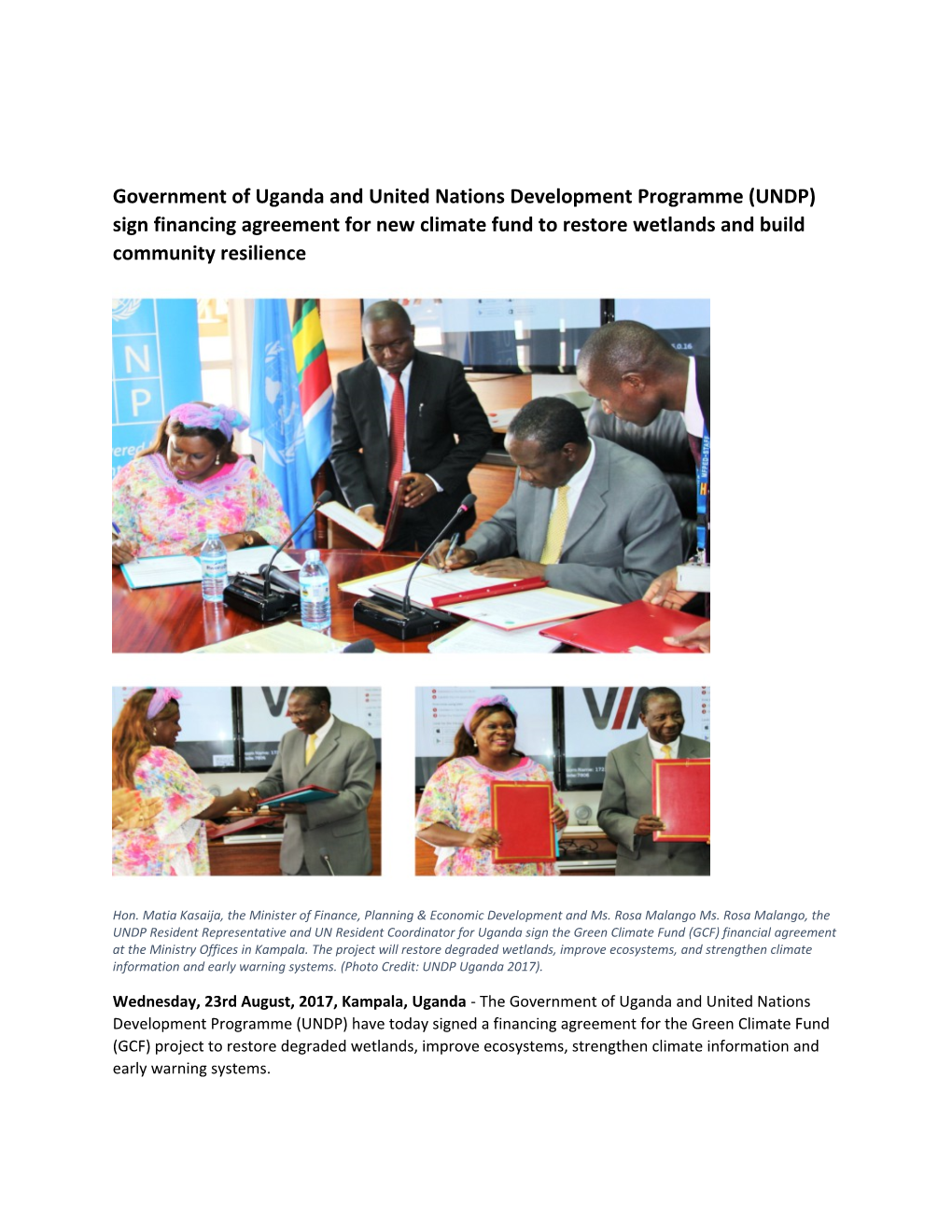 Government of Uganda and United Nations Development Programme (UNDP) Sign Financing Agreement