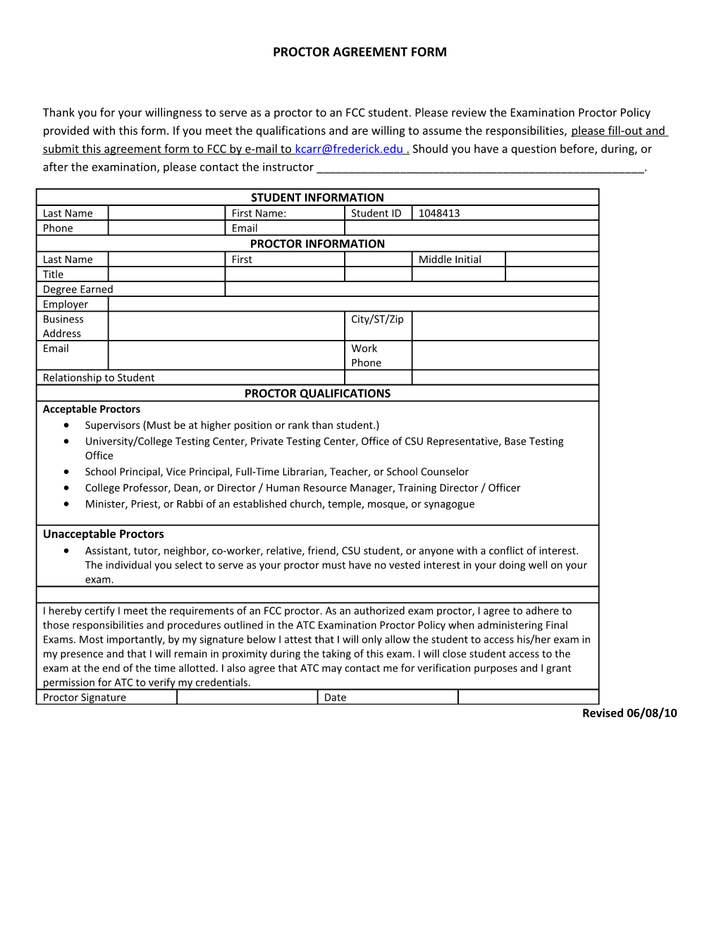 Proctor Agreement Form