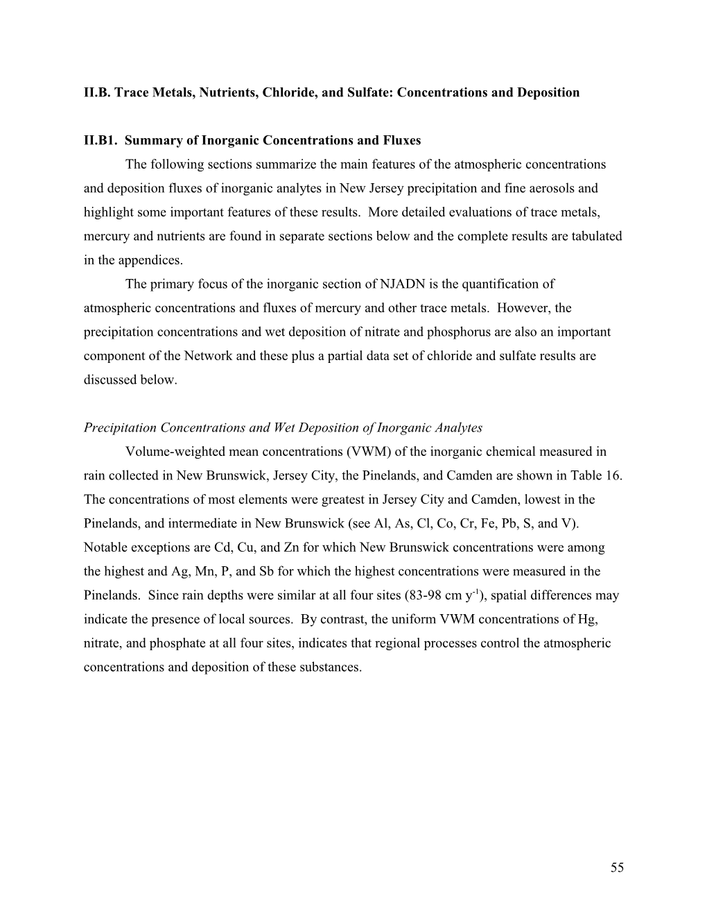 II.B. Trace Metals, Nutrients, Chloride, and Sulfate: Concentrations and Deposition