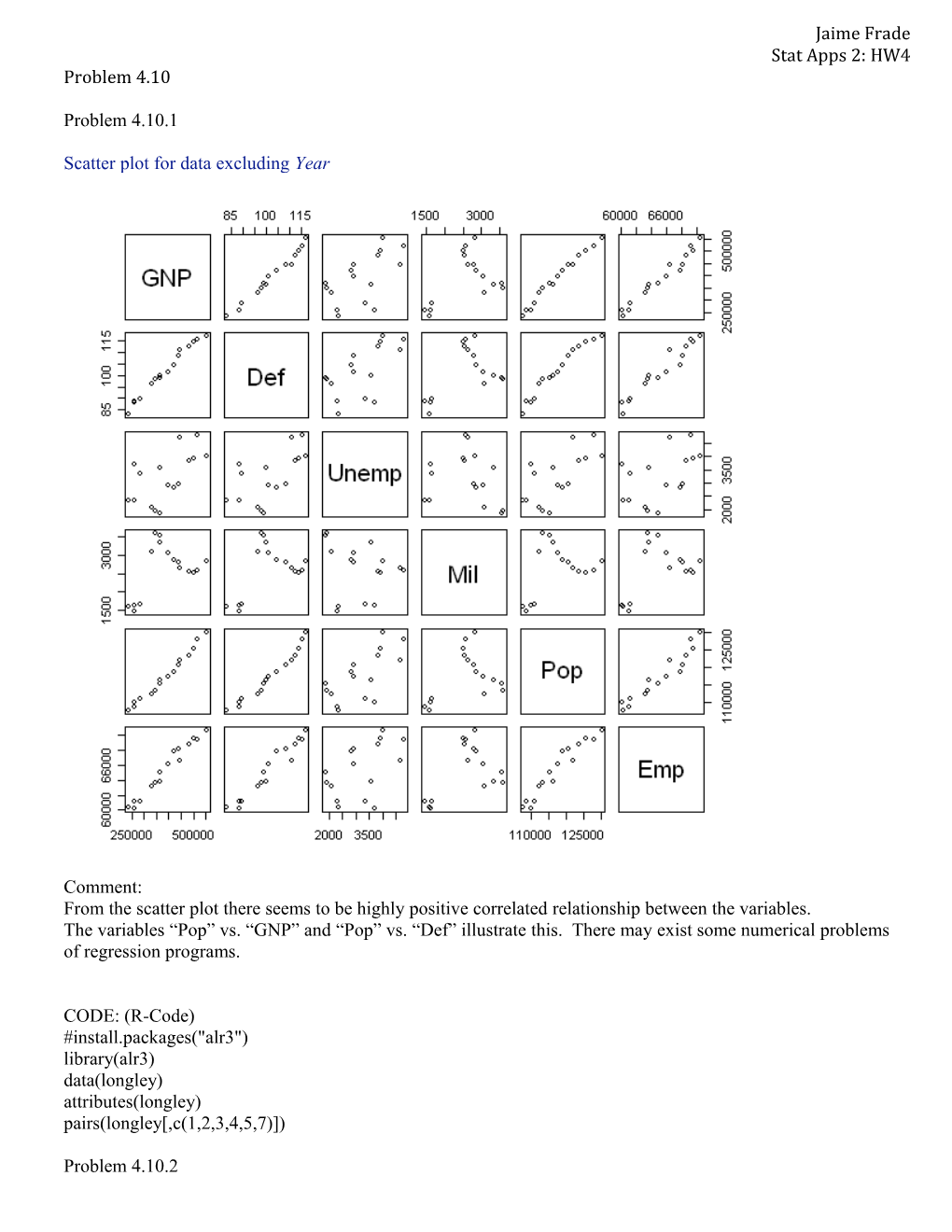 Scatter Plot for Data Excluding Year