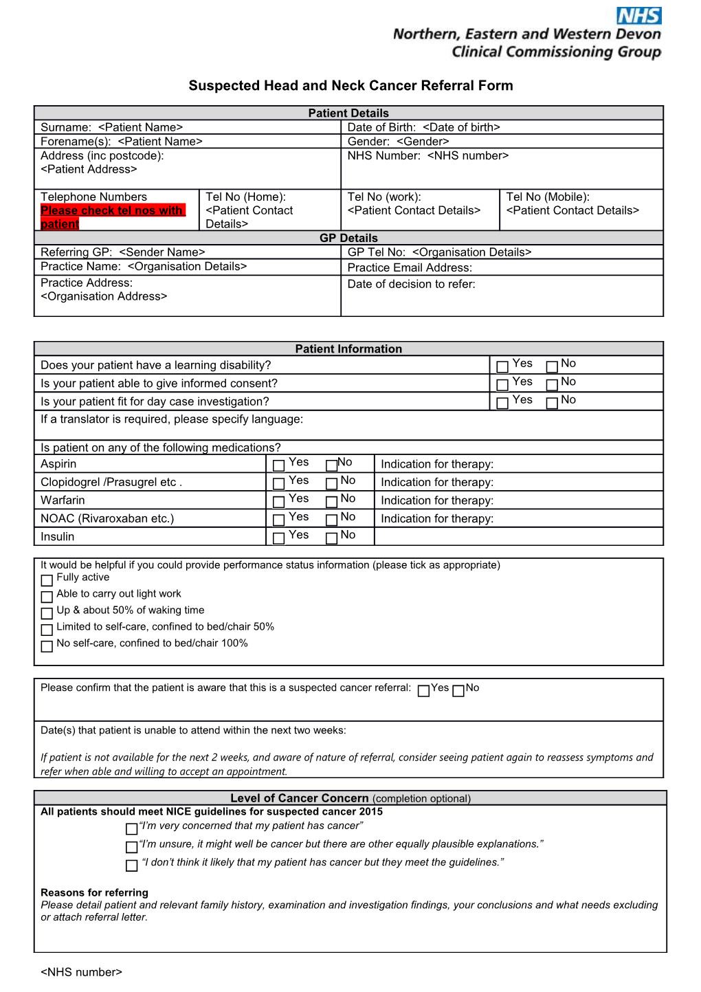 Suspected Head and Neck Cancer Referral Form