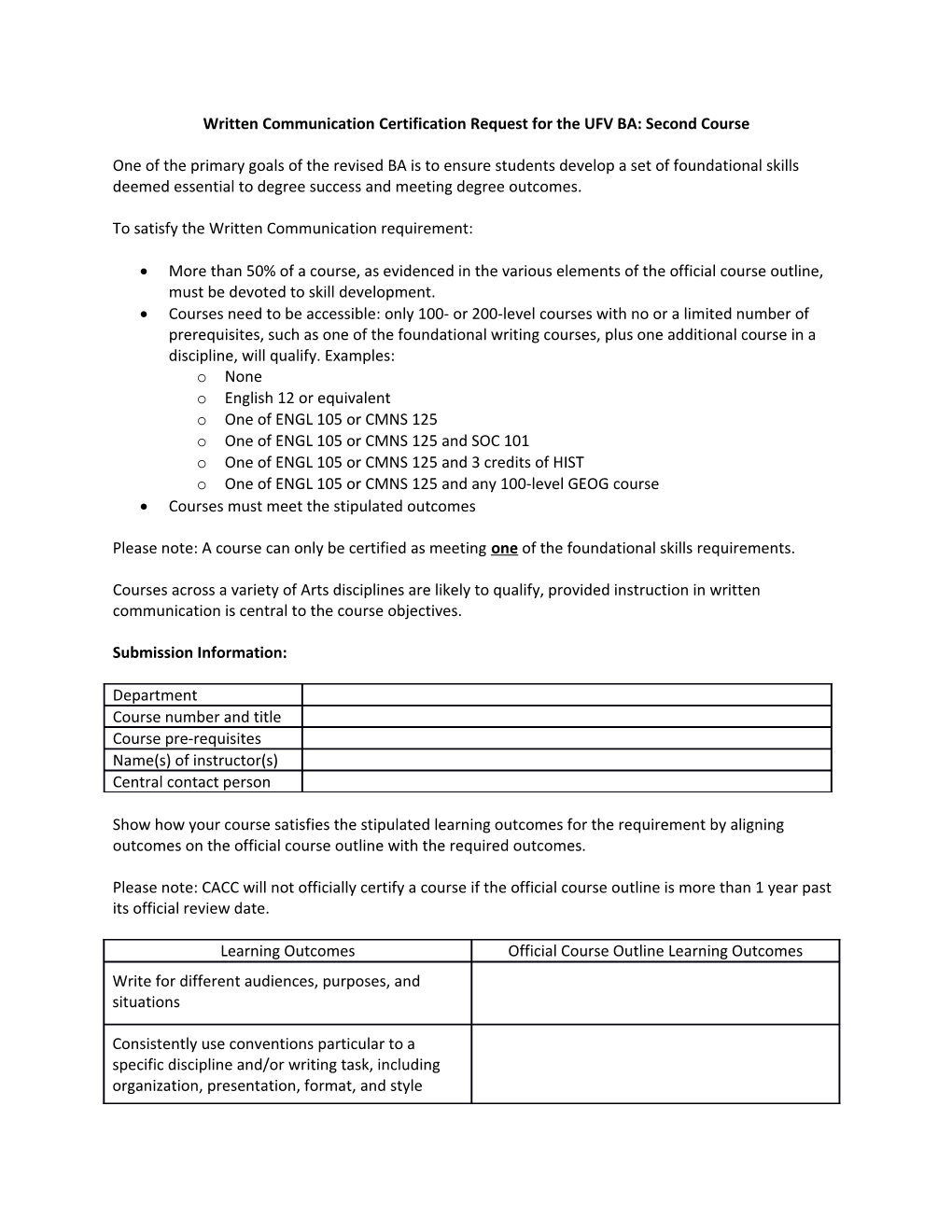 Written Communication Certification Request for the UFV BA: Second Course