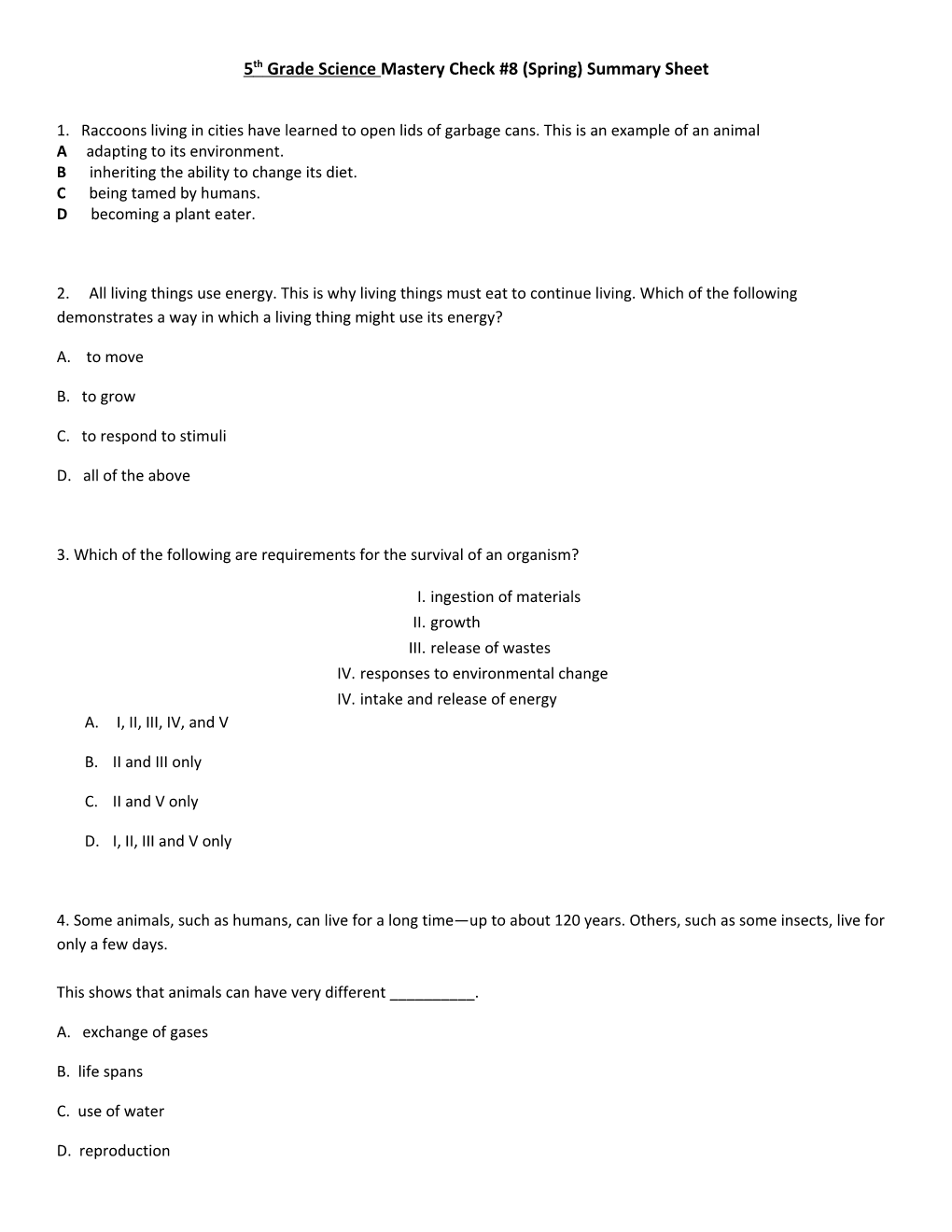 5Thgrade Science Mastery Check #8 (Spring) Summary Sheet