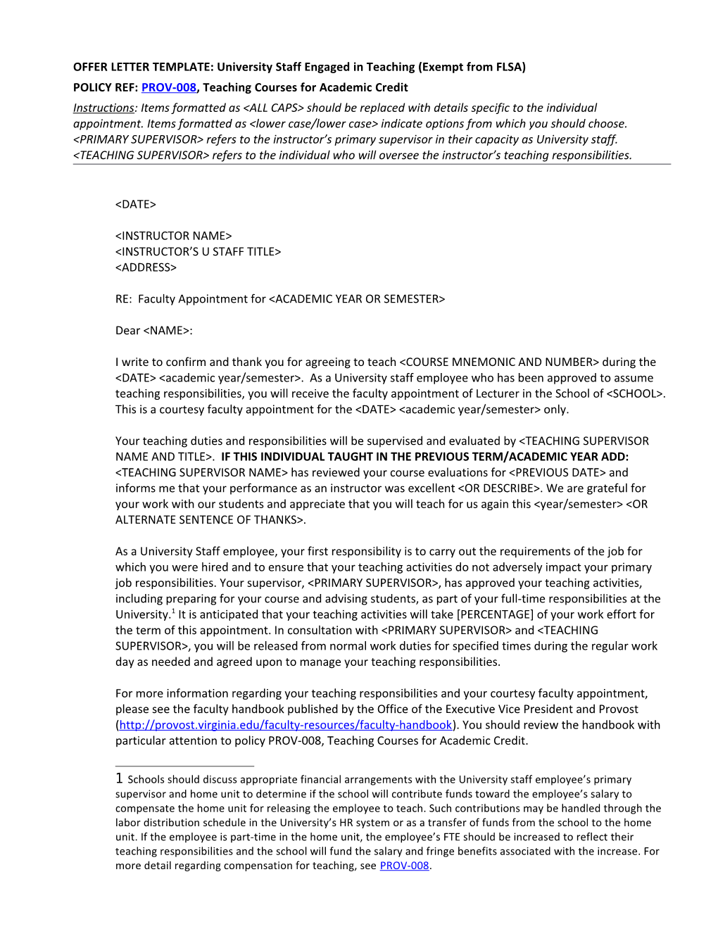 OFFER LETTER TEMPLATE: University Staff Engaged in Teaching (Exempt from FLSA)
