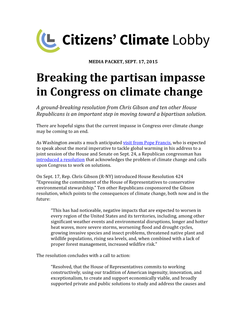 Breaking the Partisan Impasse in Congress on Climate Change