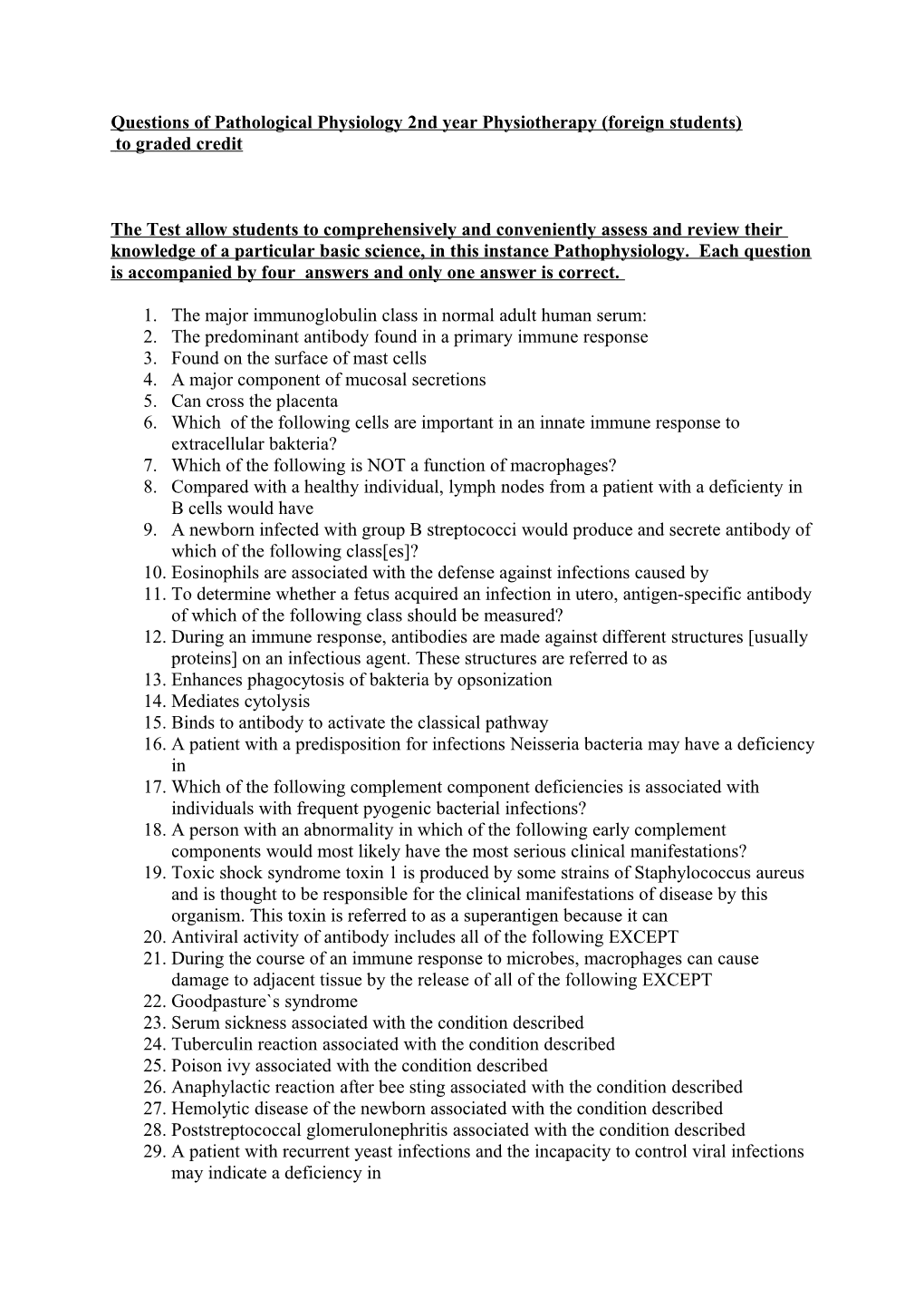 Questions of Pathological Physiology 2Nd Year Physiotherapy (Foreign Students)