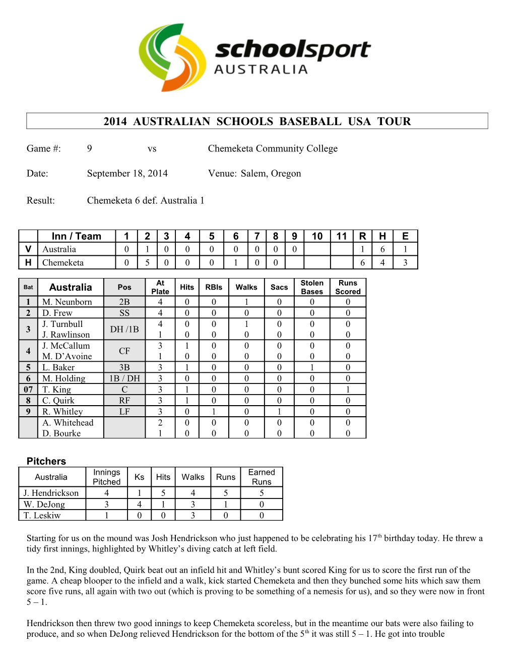 2014 Australian Schools Baseball Usa Tour