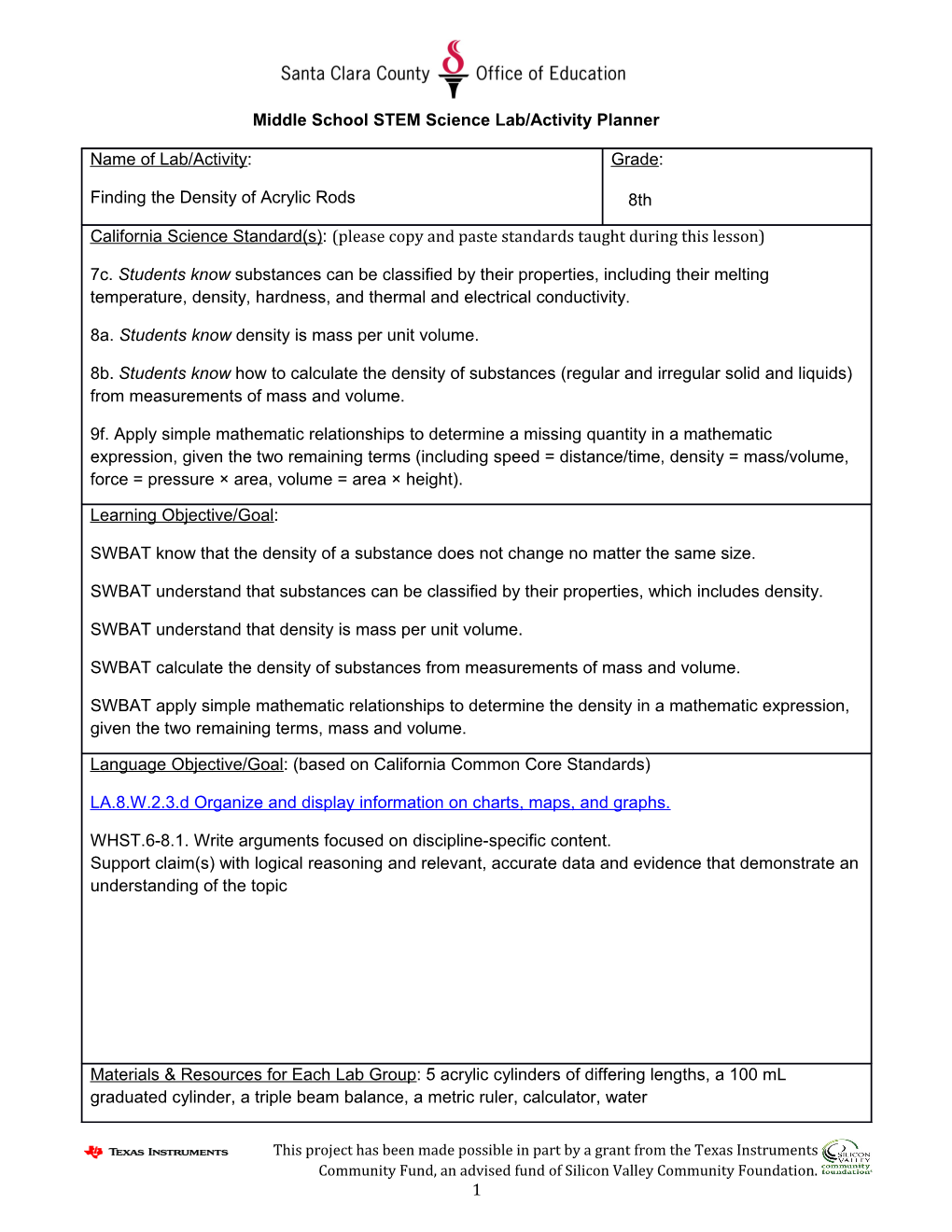 Middle School STEM Science Lab/Activity Planner s2