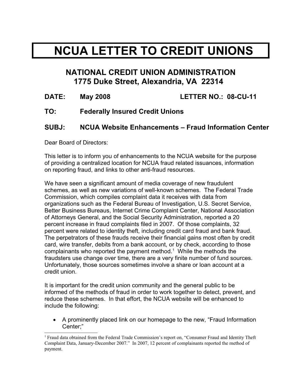 Ncua Letter to Credit Unions