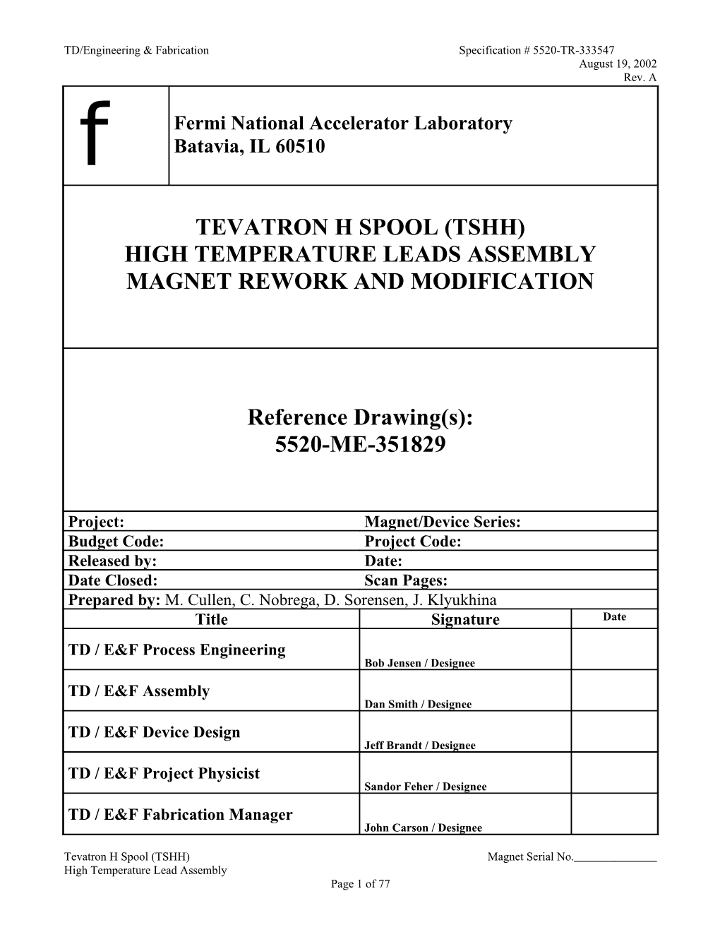 TD/Engineering & Fabrication Specification # 5520-TR-333547