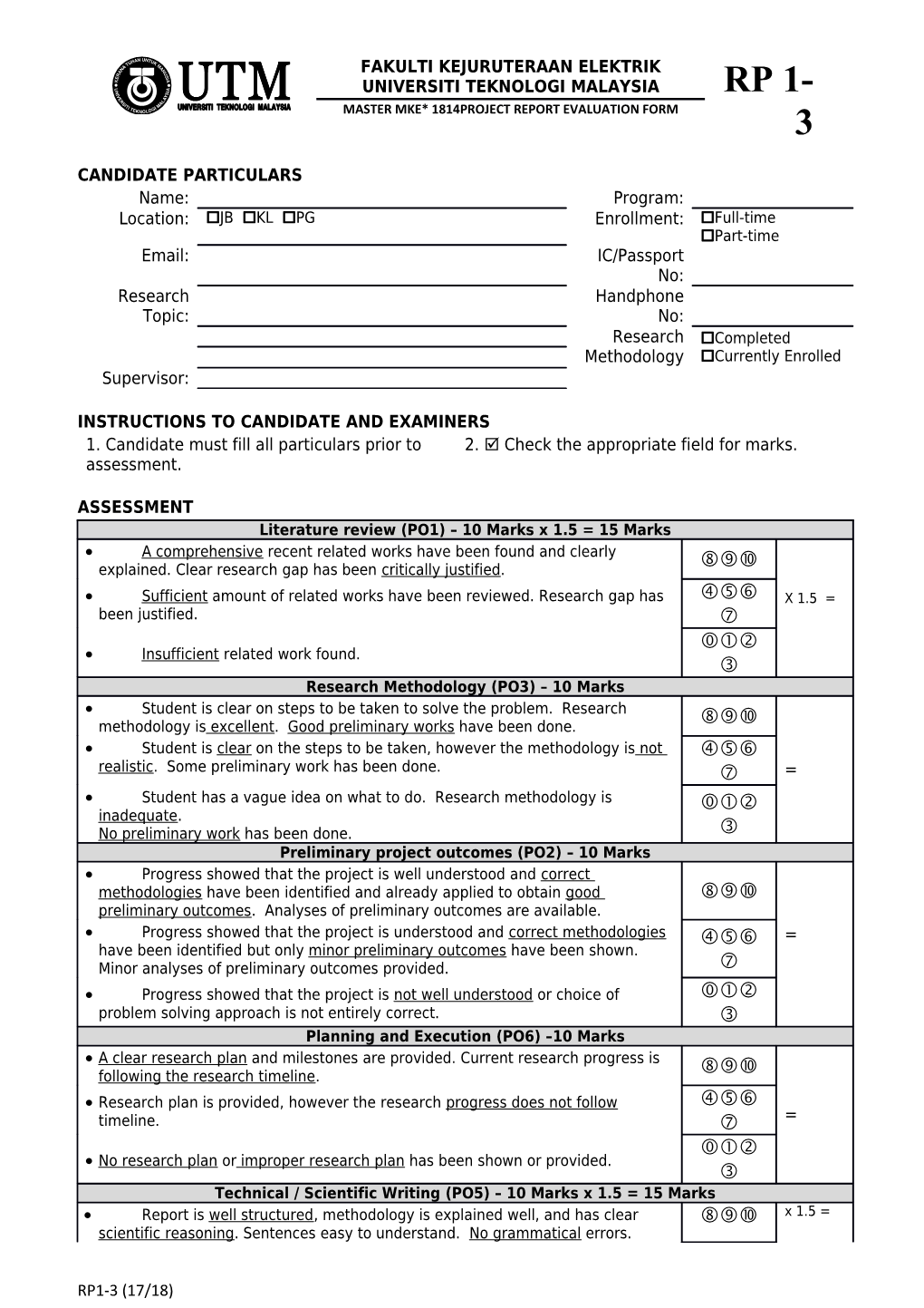 Instructions to Candidate and Examiners