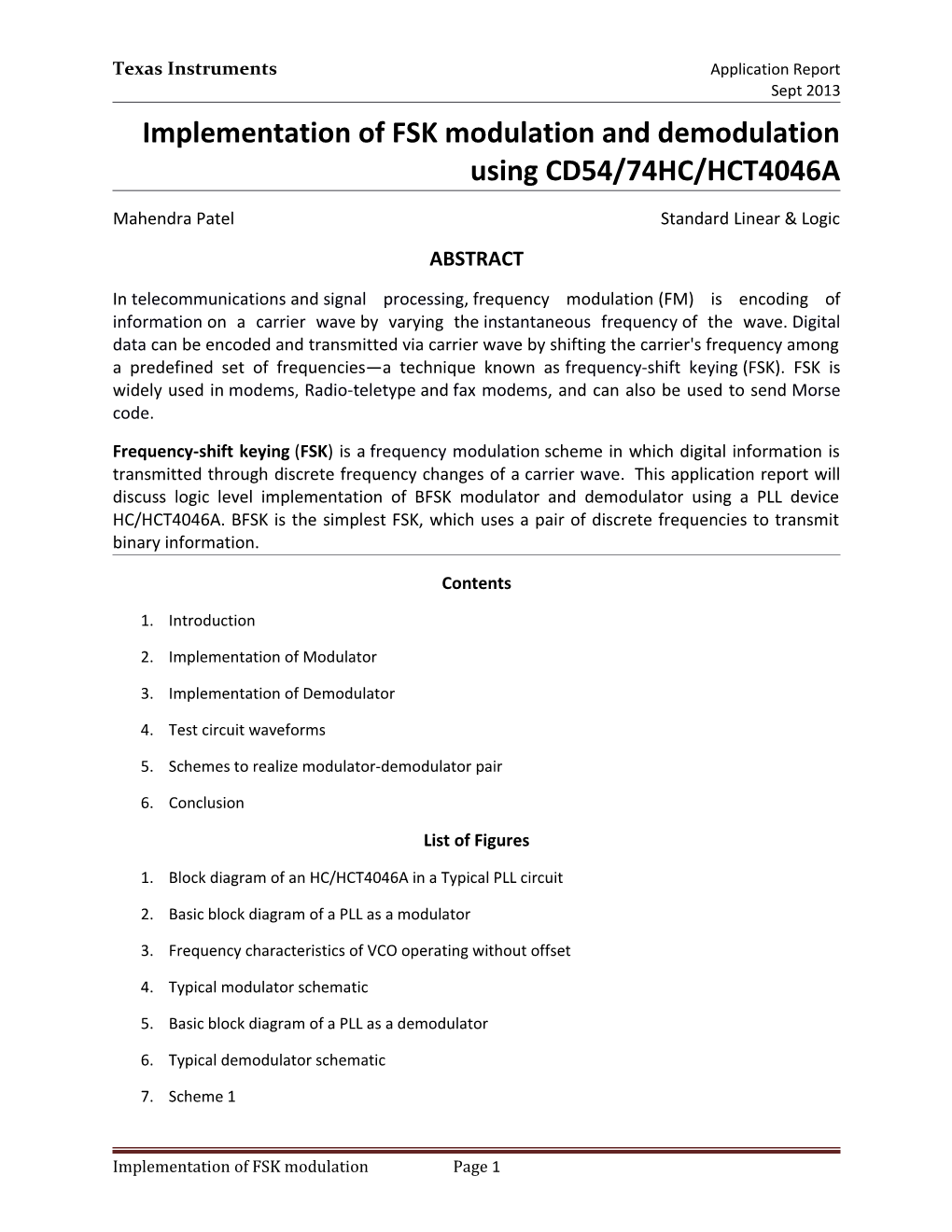 Implementation of FSK Modulation and Demodulation Using CD54/74HC/HCT4046A