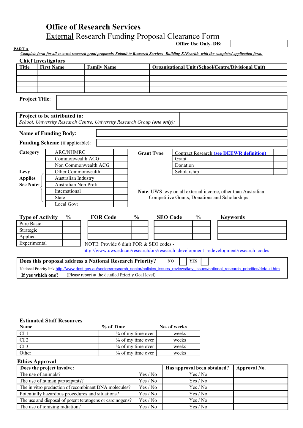 The University of Sydney Research Proposal Clearance Form