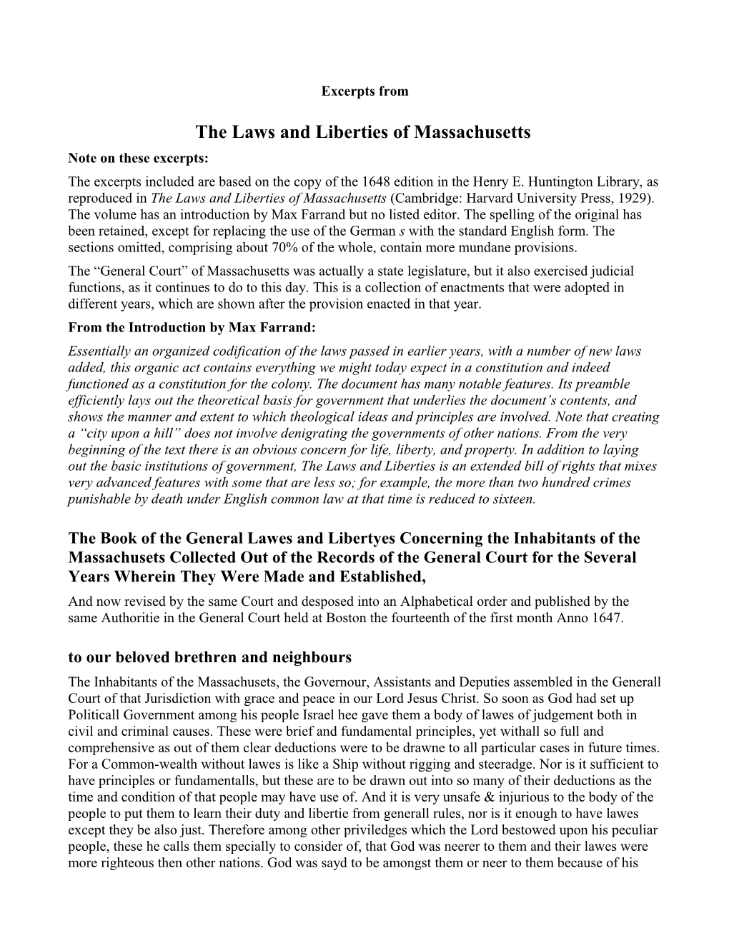 The Laws and Liberties of Massachusetts