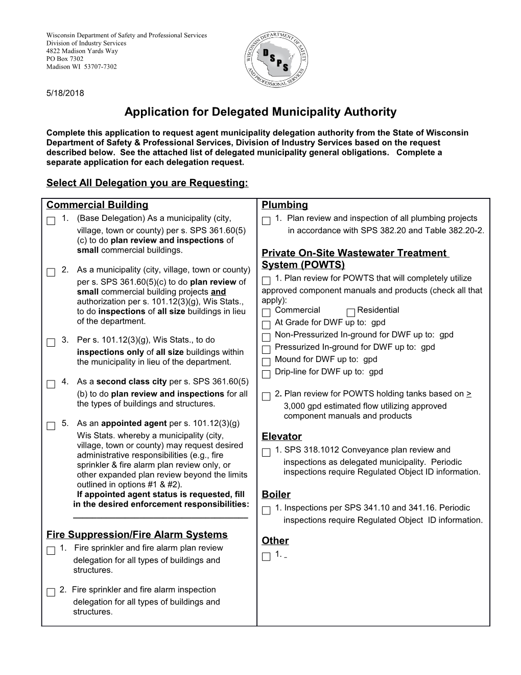 Application for Delegated Municipality Authority