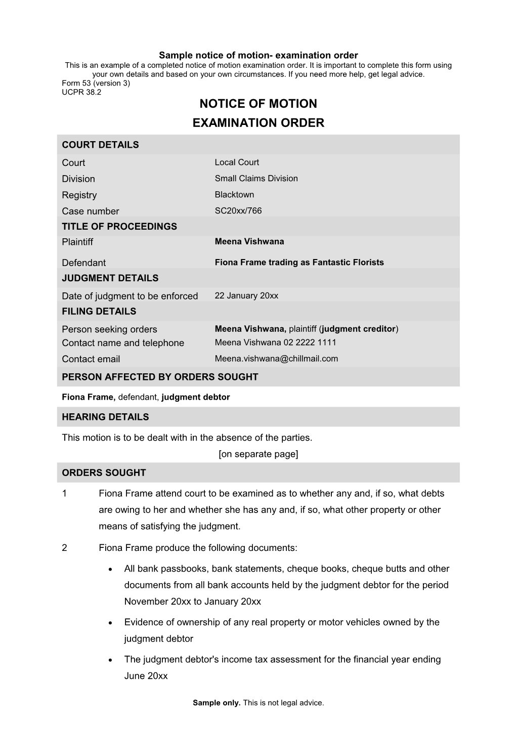 Form 53 - Notice of Motion Examination Order