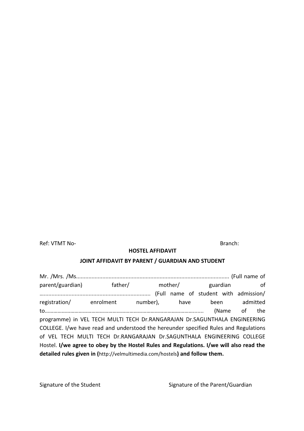 Joint Affidavit by Parent / Guardian and Student