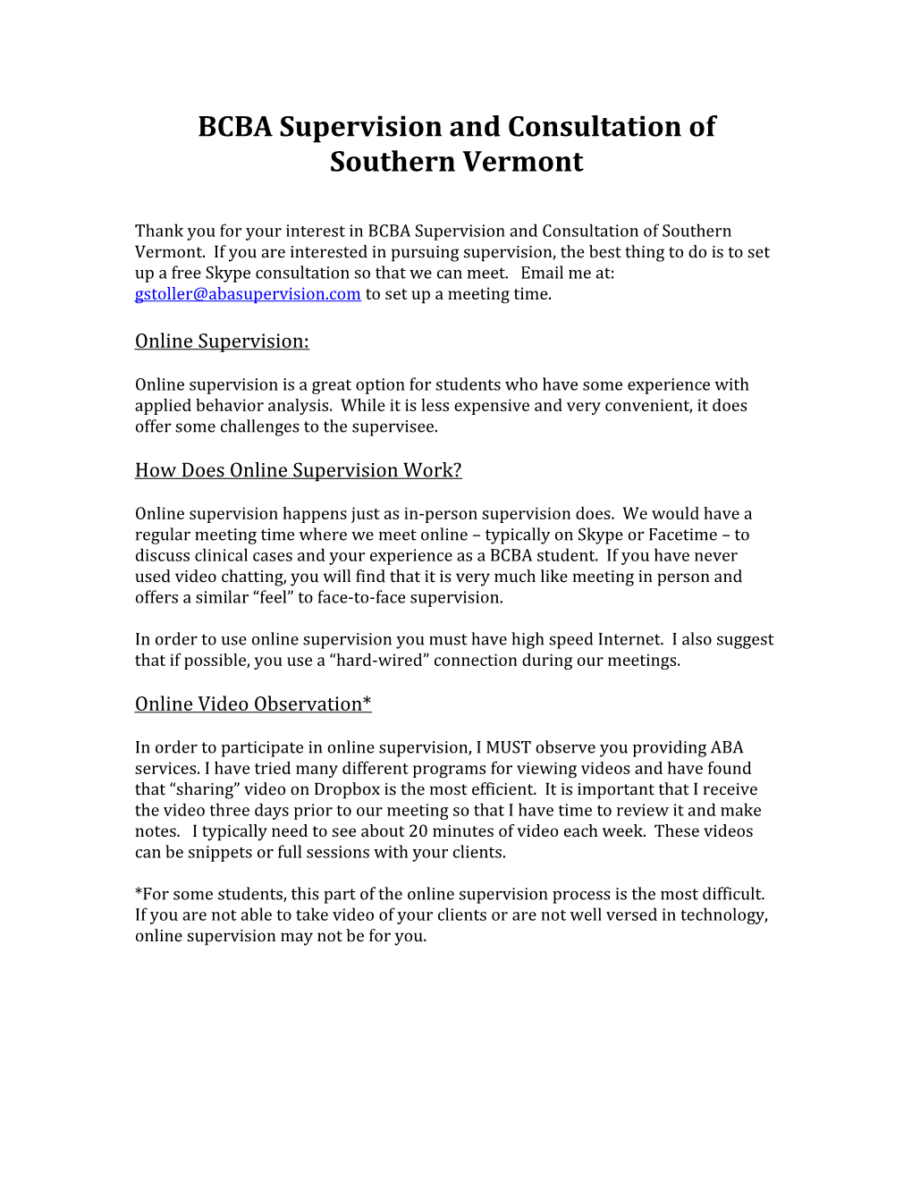 BCBA Supervision and Consultation of Southern Vermont