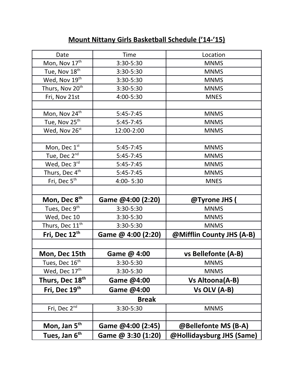 Mount Nittany Girls Basketball Schedule ( 14- 15)