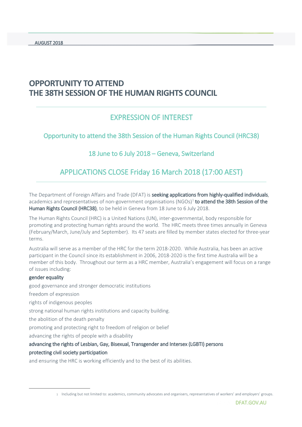 Opportunity to Attend the 38Th Session of the Human Rights Council (HRC38), June-July 2018