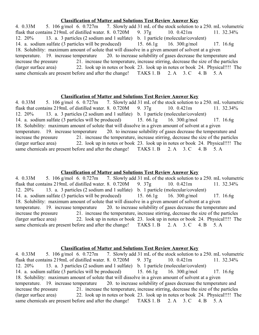 Classification of Matter and Solutions Test Review Answer Key