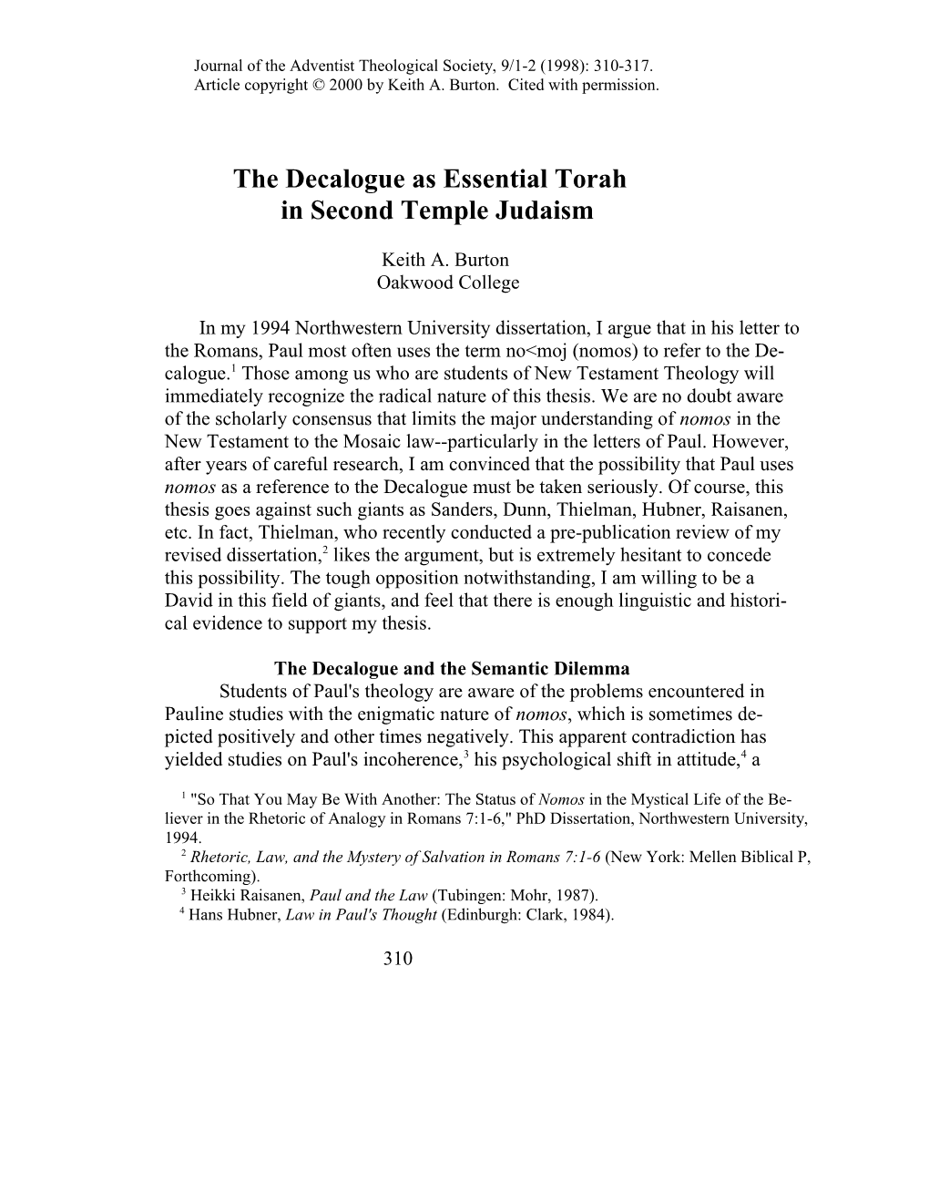 Journal of the Adventist Theological Society, 9/1-2 (1998): 310-317