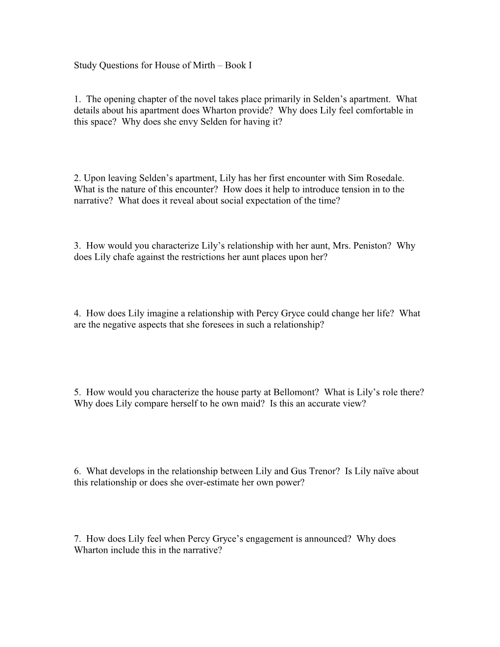 Study Questions for House of Mirth Book I