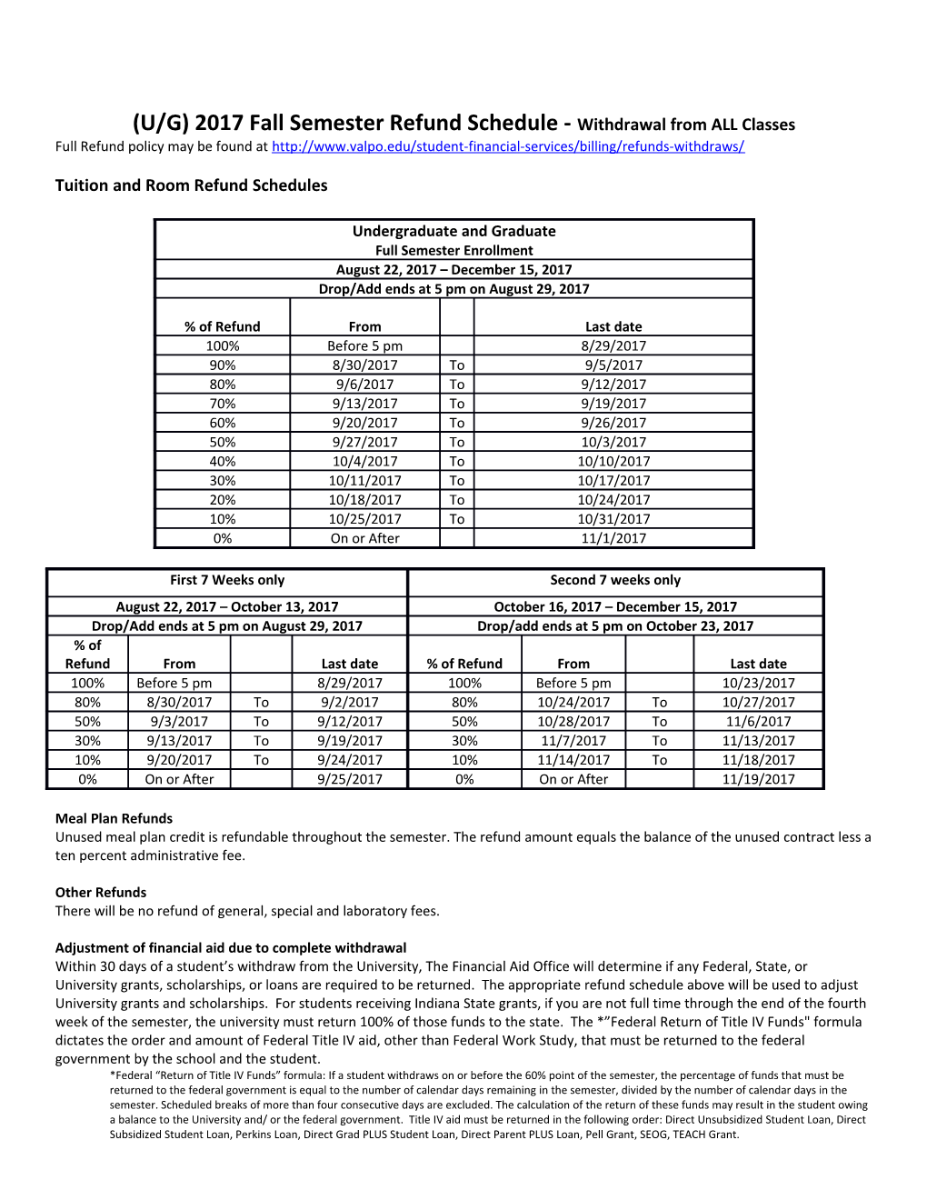 (U/G) 2017 Fall Semester Refund Schedule - Withdrawal from ALL Classes