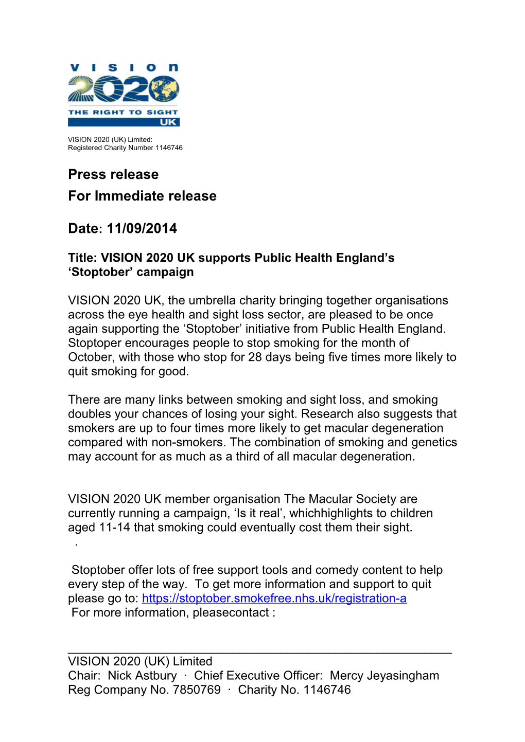 Title: VISION 2020 UK Supports Public Health England S Stoptober Campaign