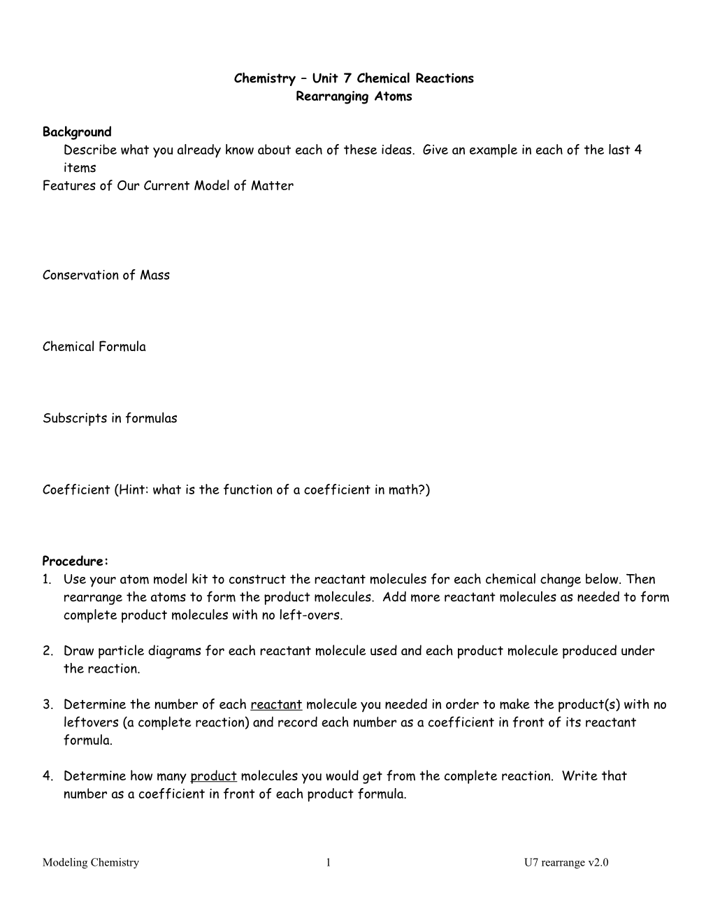 Chemistry Unit 7 Chemical Reactions