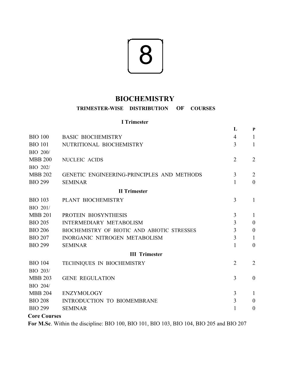 For M.Sc. Within the Discipline: BIO 100, BIO 101, BIO 103, BIO 104, BIO 205 and BIO 207