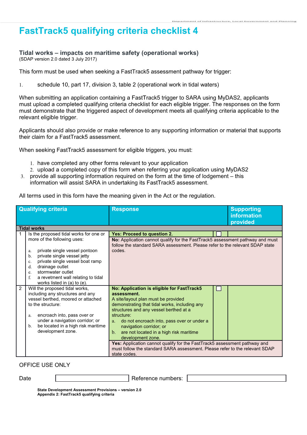 Fasttrack5 Trigger 7.2.15 Qualifying Criteria Checklist - Tidal Works (Operational Work)