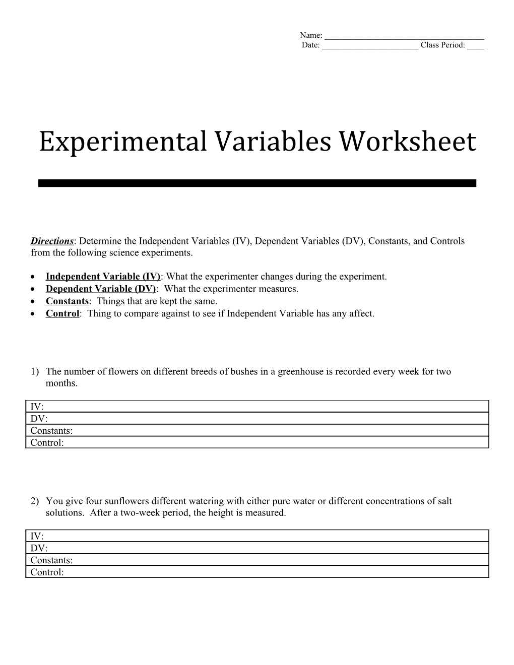 Experimental Variables Worksheet