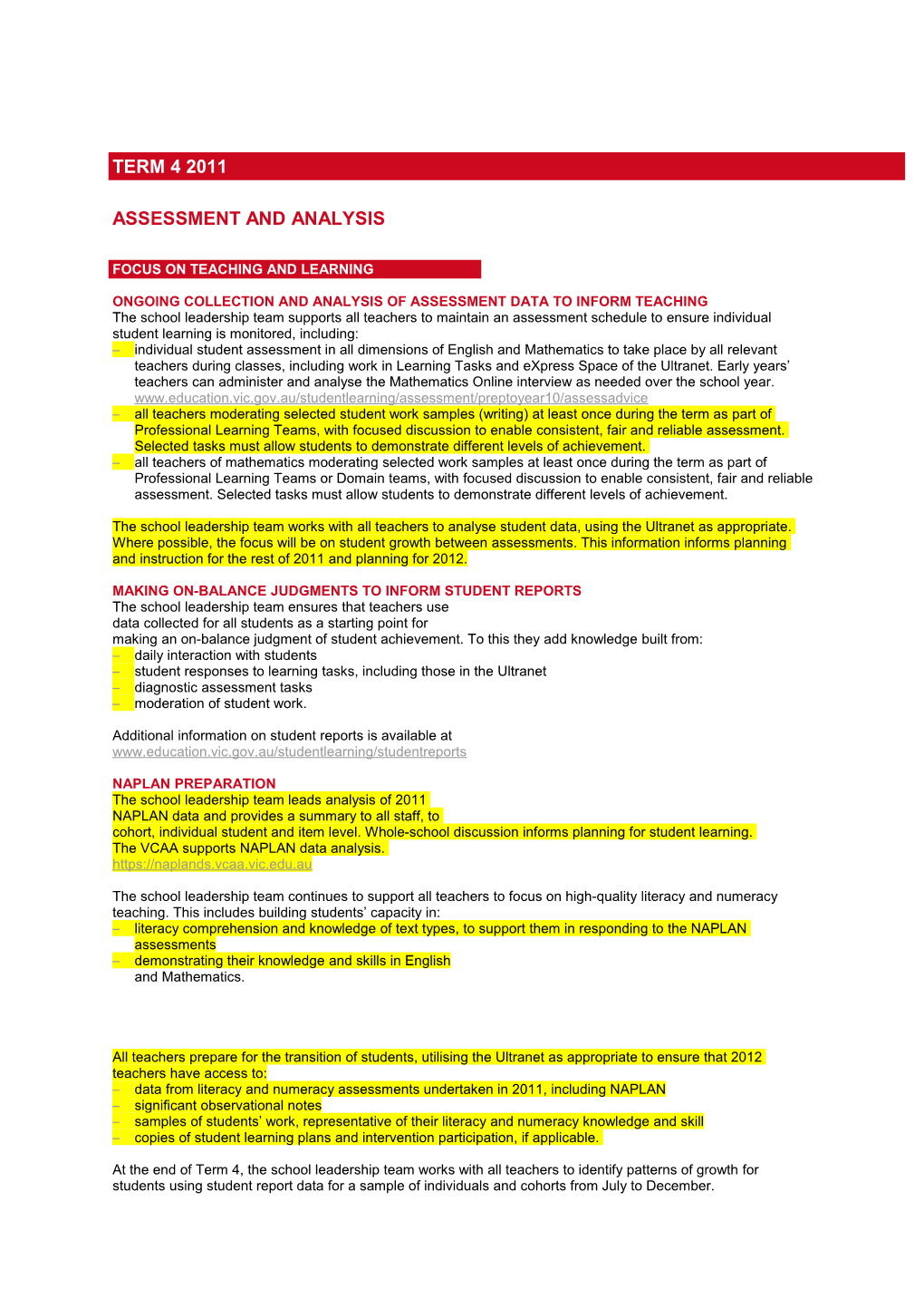 Ongoing Collection and Analysis of Assessment Data to Inform Teaching