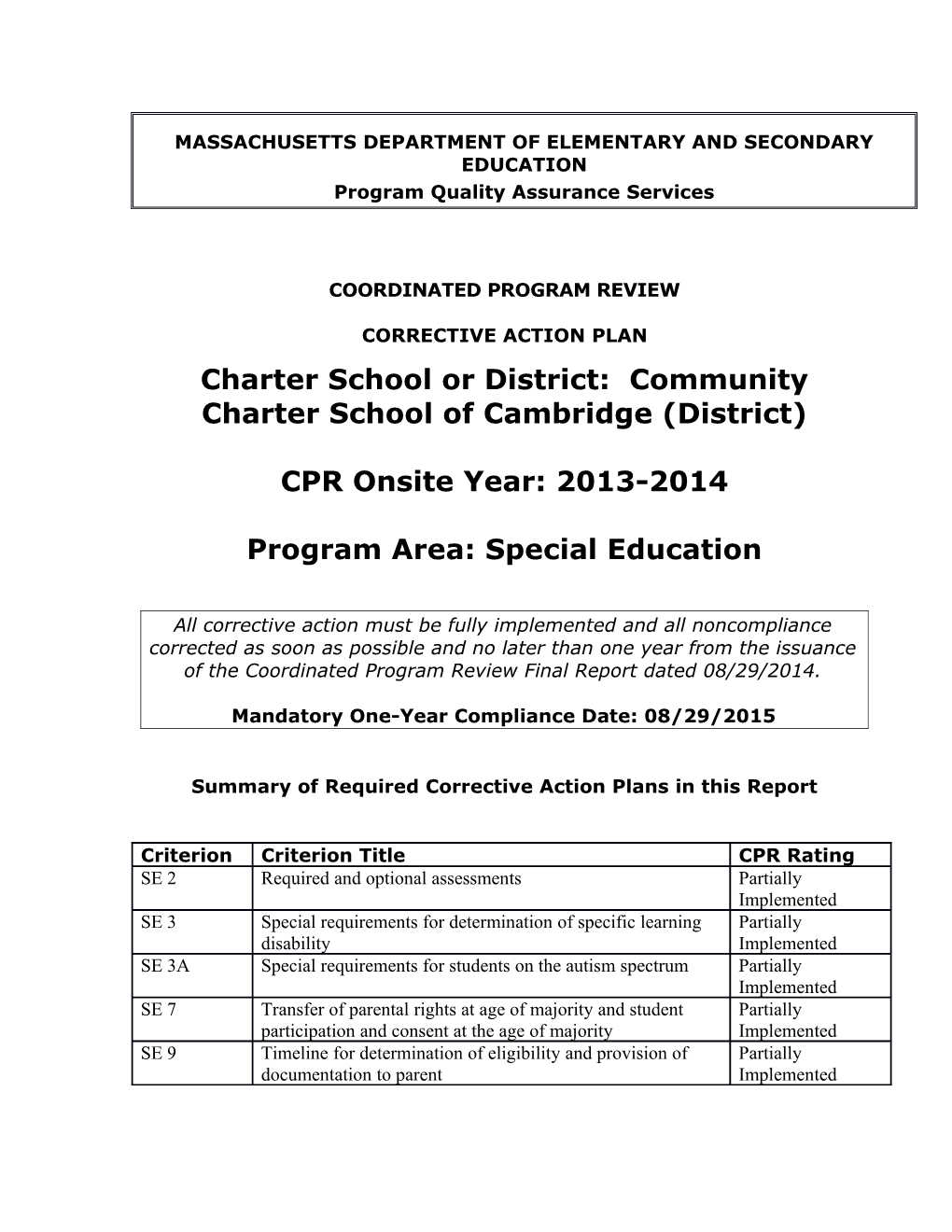 Community Charter School of Cambridge CAP 2014