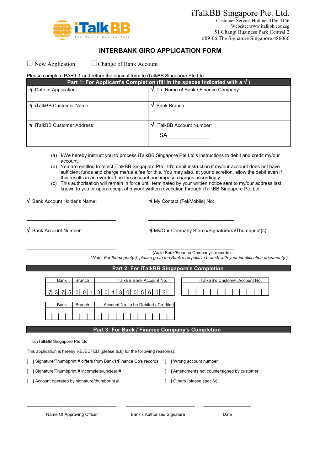 Interbank Giro Application Form