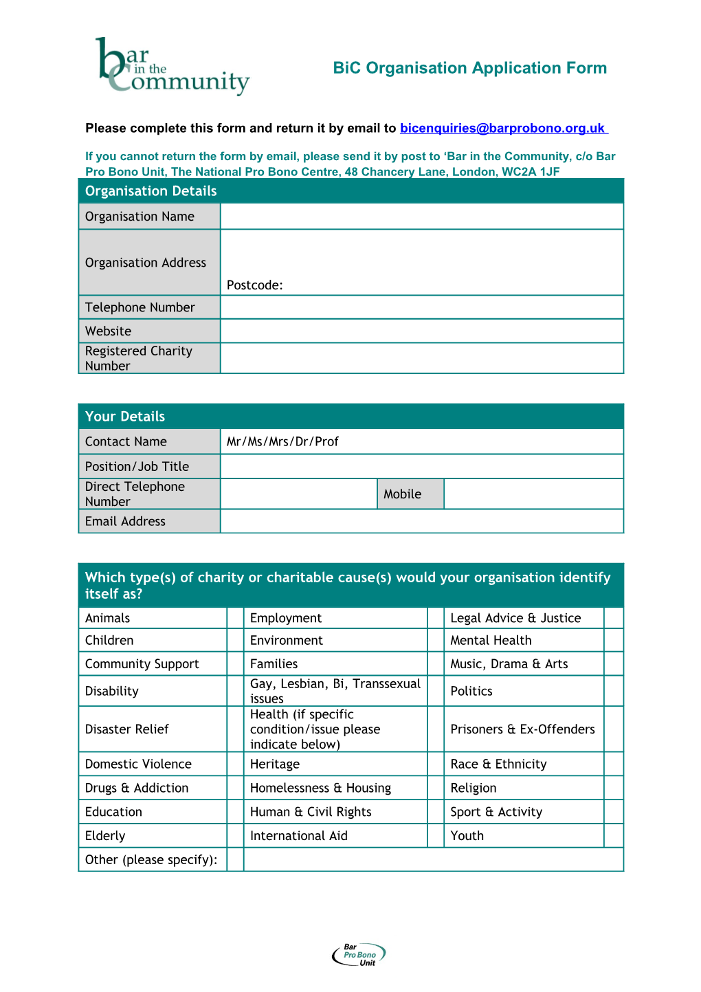 Bic Organisation Application Form