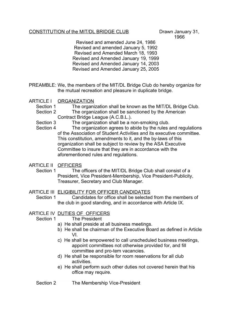 CONSTITUTION of the MIT/DRAPER LAB BRIDGE CLUB