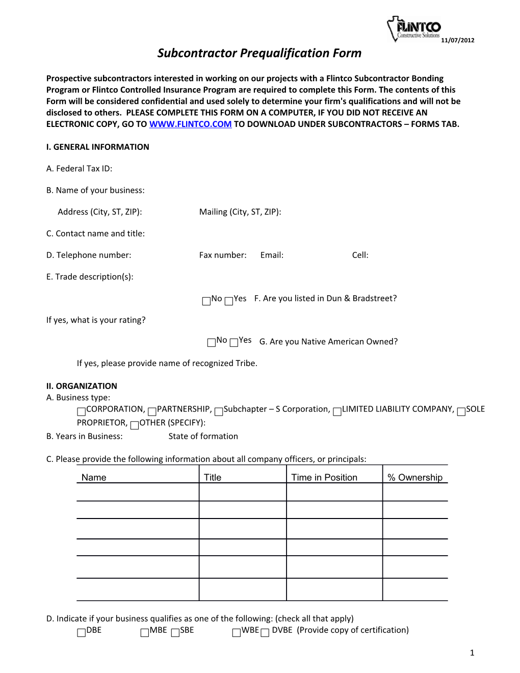 Subcontractor Prequalification Form