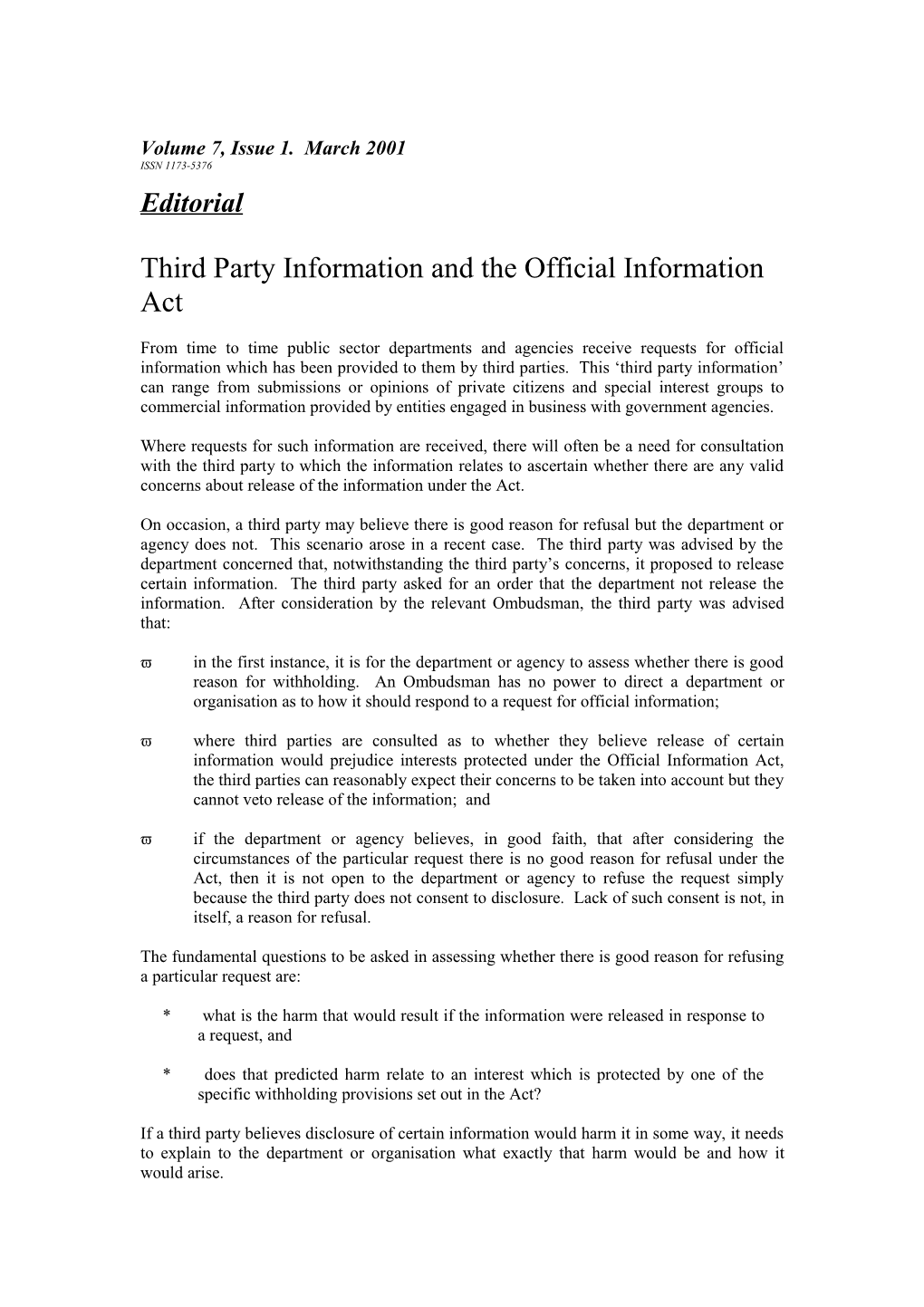 Third Party Information and the Official Information Act