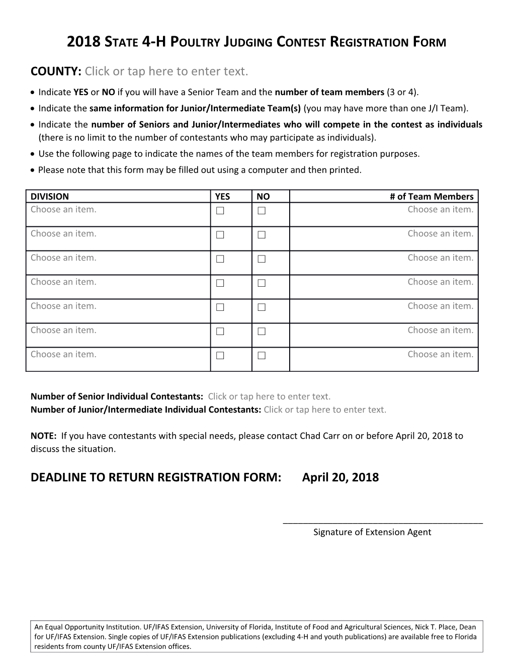 2018 State 4-H Poultry Judging Contest Registration Form