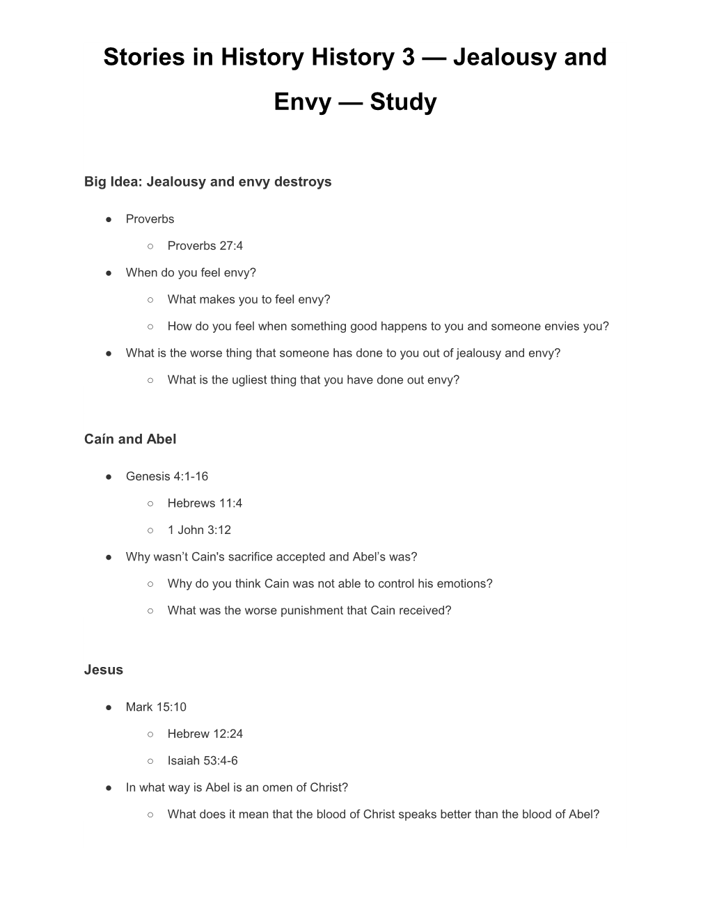 Stories in History History 3 Jealousy and Envy Study