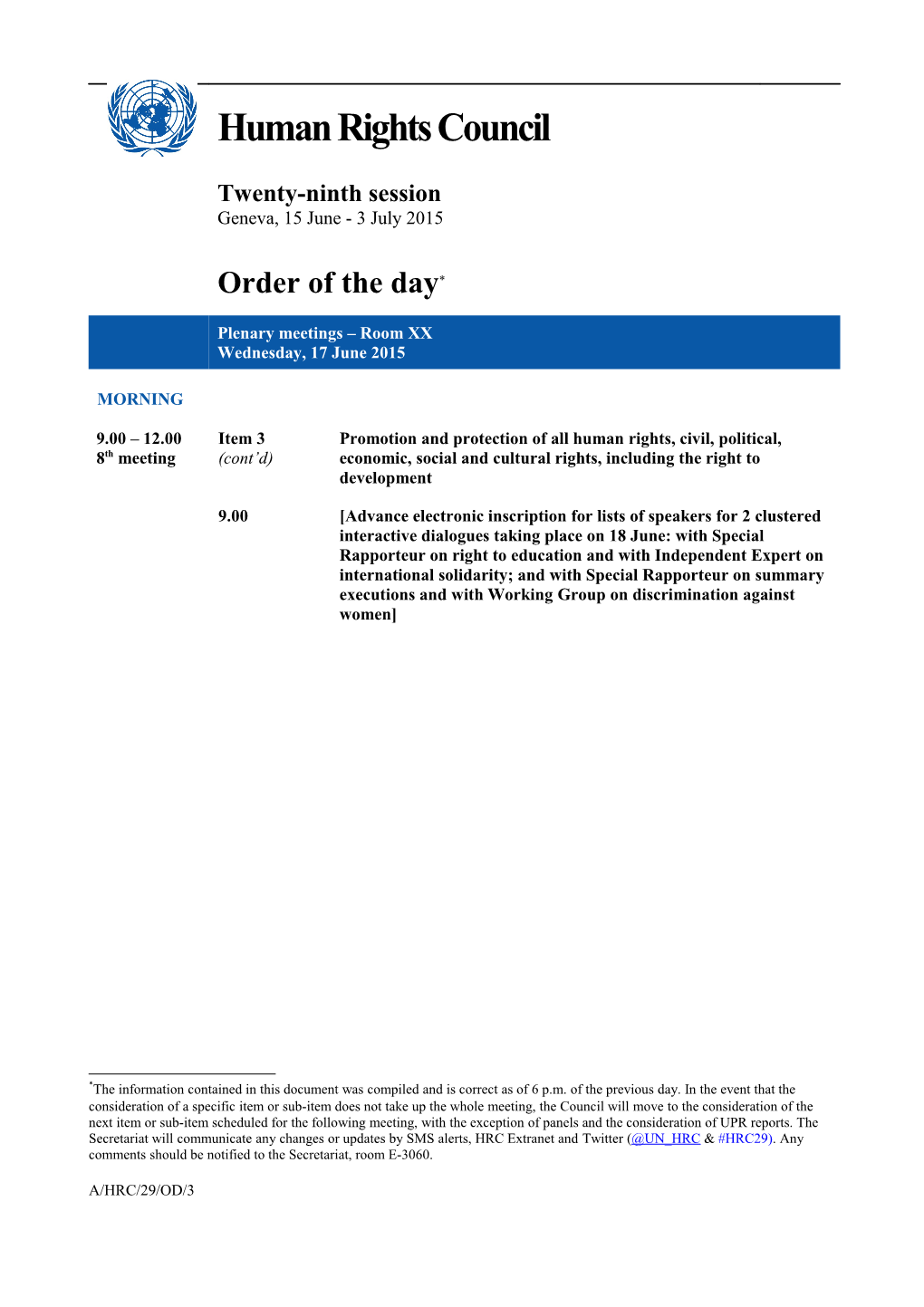 Order of the Day, Wednesday 17 June 2015