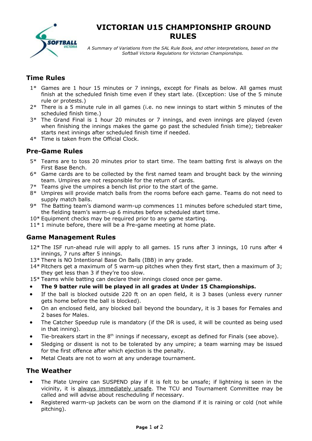 Softball Victoria Regulations for Victorian Championships