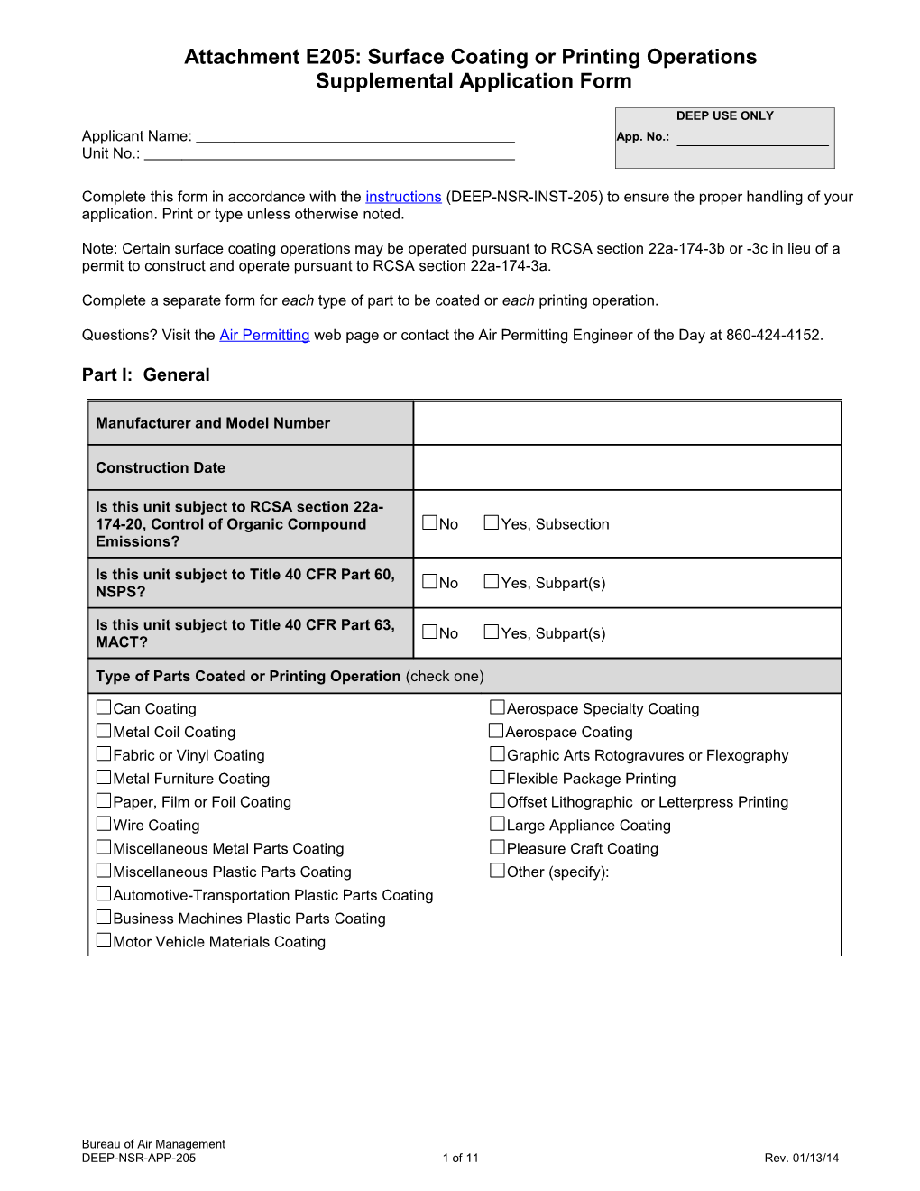 Supplemental Application Form Surface Coating Or Printing Operations