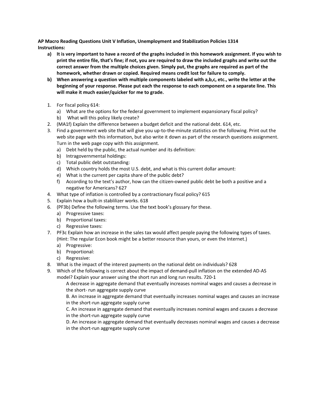 AP Macro Reading Questions Unit V Inflation, Unemployment and Stabilization Policies 1314