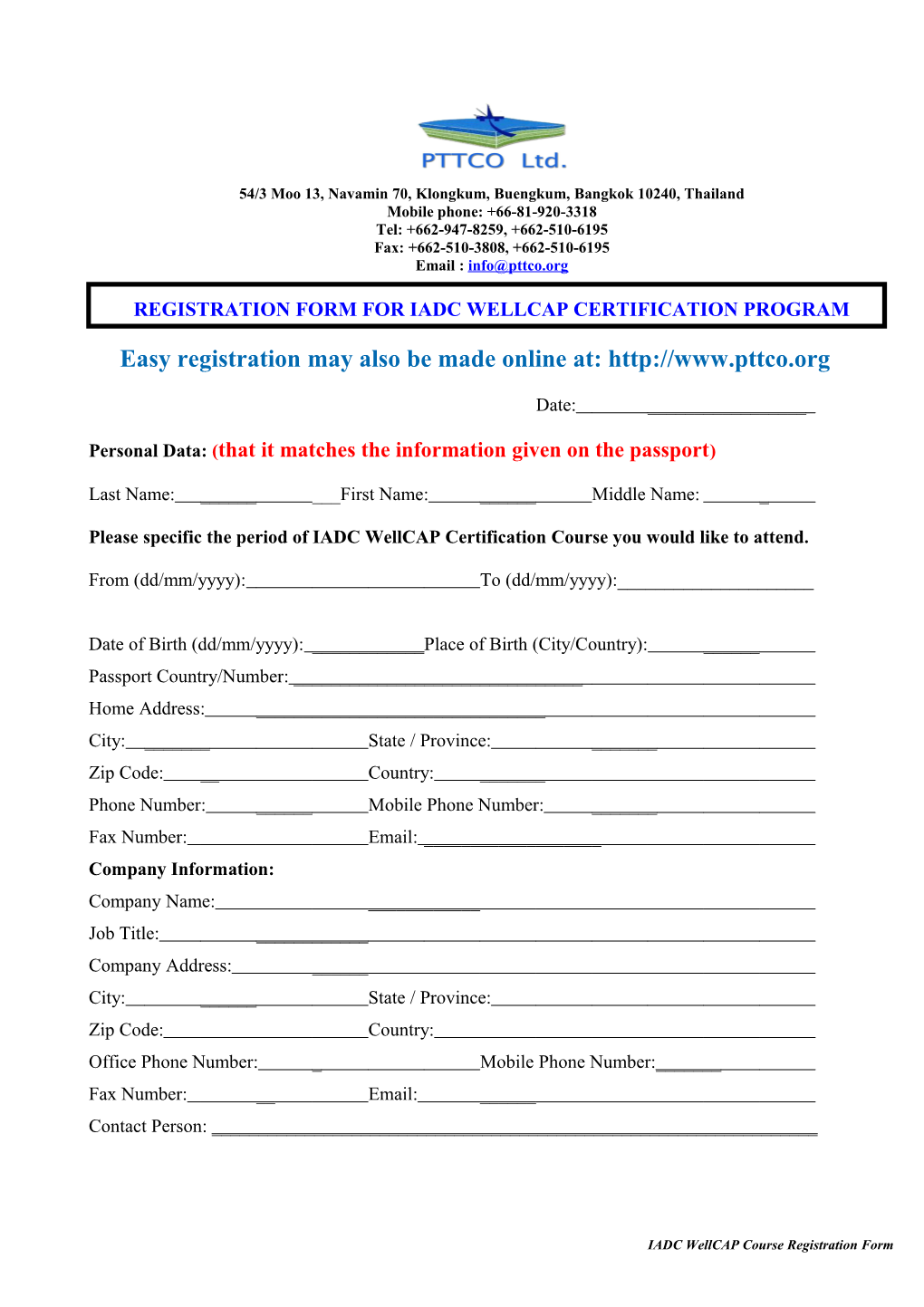 Registration Form for Iwcf Drilling Well Contraol Course